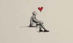 a seated man looking at a love heart 