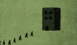 a stream of small shapeless men going to a block building 