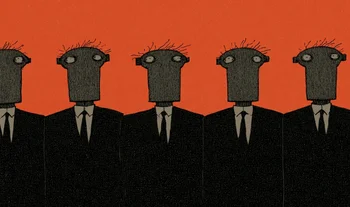 scruffy robots in a row, wearing suits 