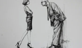 a male banker peering at a woman