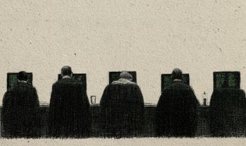 a row of men sitting at trading desks