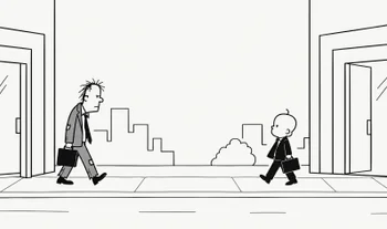 A cartoon of an old man and a baby leaving opposing offices.