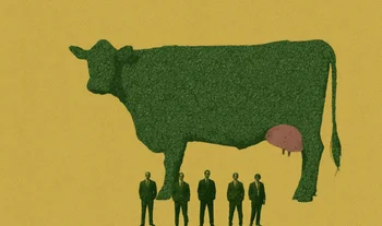 A green cow with pink udders and some small men in front of it