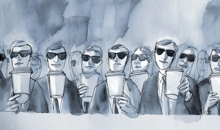 bankers in sunglasses holding coffee 