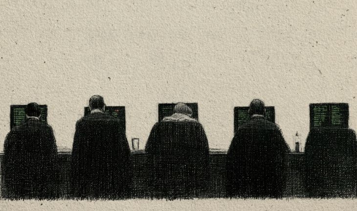 a row of men sitting at trading desks