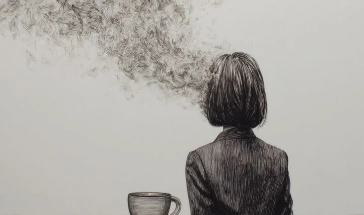 A woman walking away from a cup of coffee