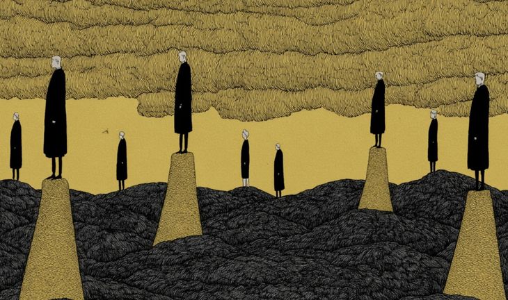 some people standing on gold pillars in a black sea 