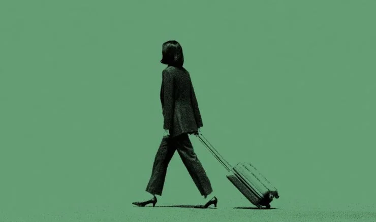 an Asian woman dragging a suitcase against a greenbackground