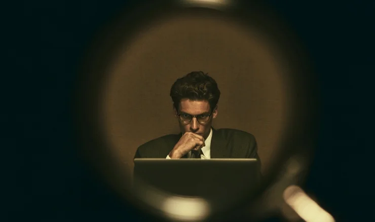 A student looking at a computer seen through a magnifying glass