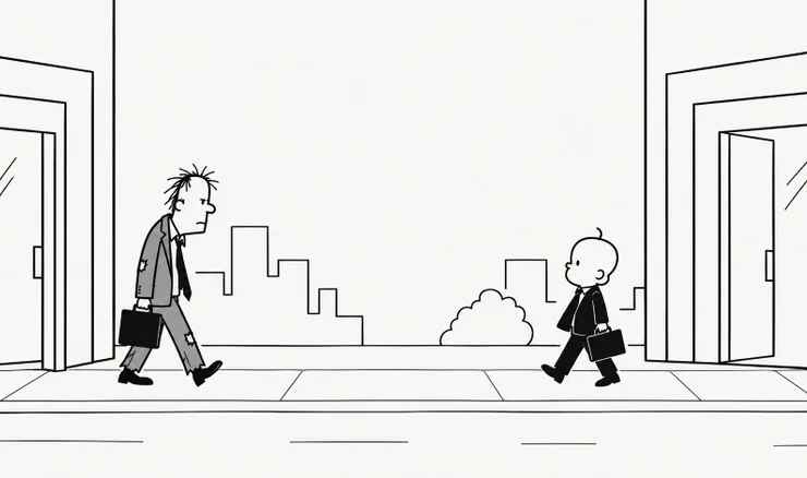 A cartoon of an old man and a baby leaving opposing offices.