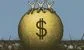 bankers sitting on a large golden ball with a dollar sign on it, surrounded 