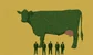 A green cow with pink udders and some small men in front of it